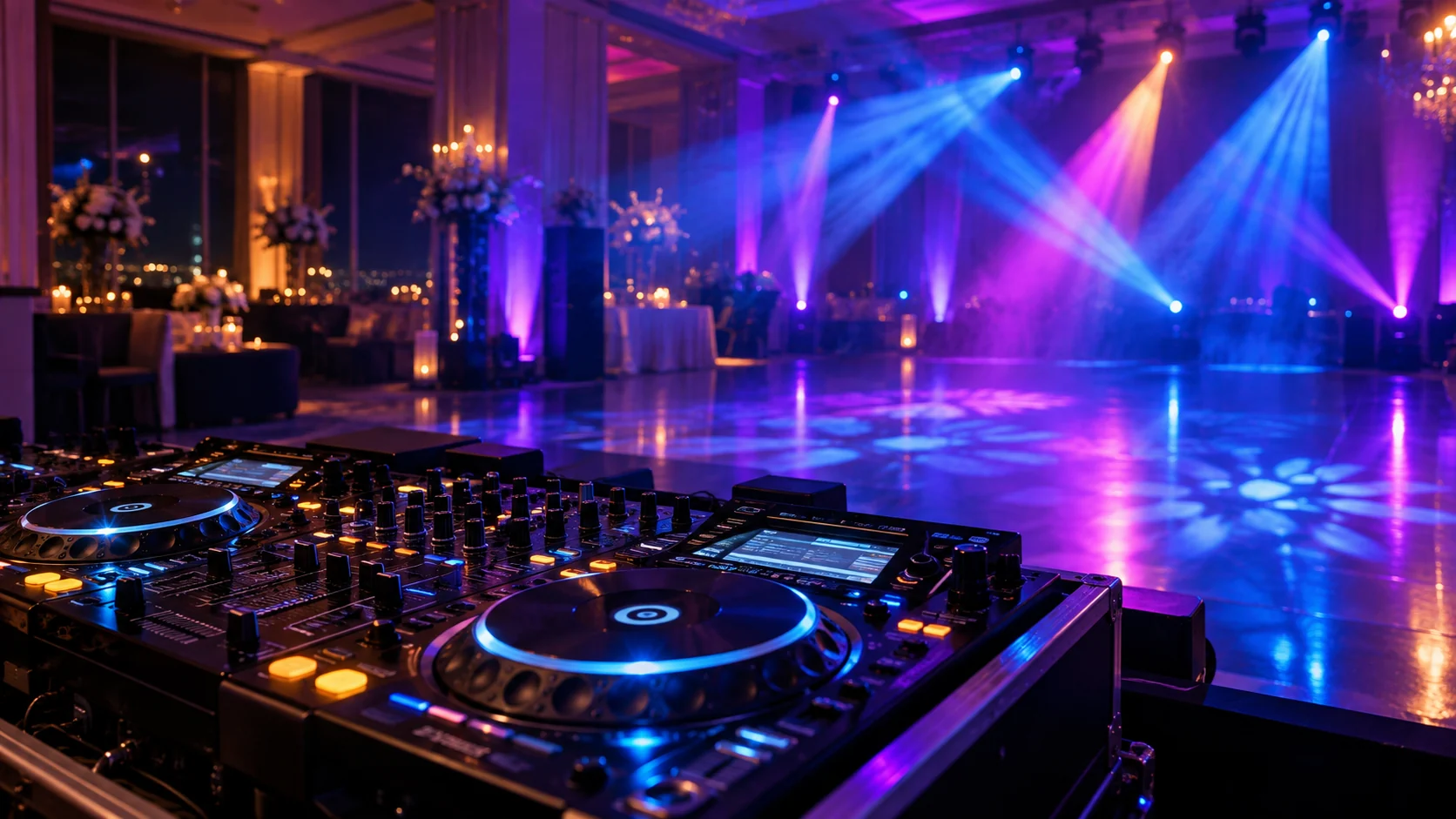 Régie DJ avec éclairages bleu, violet et rose pour une soirée événementielle